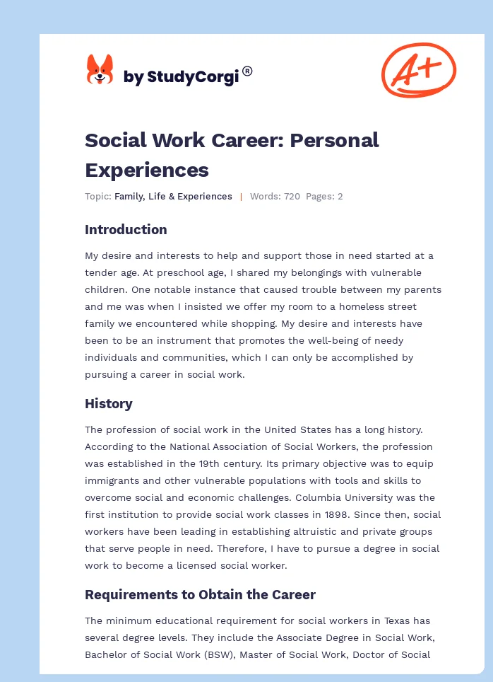 Social Work Career: Personal Experiences. Page 1