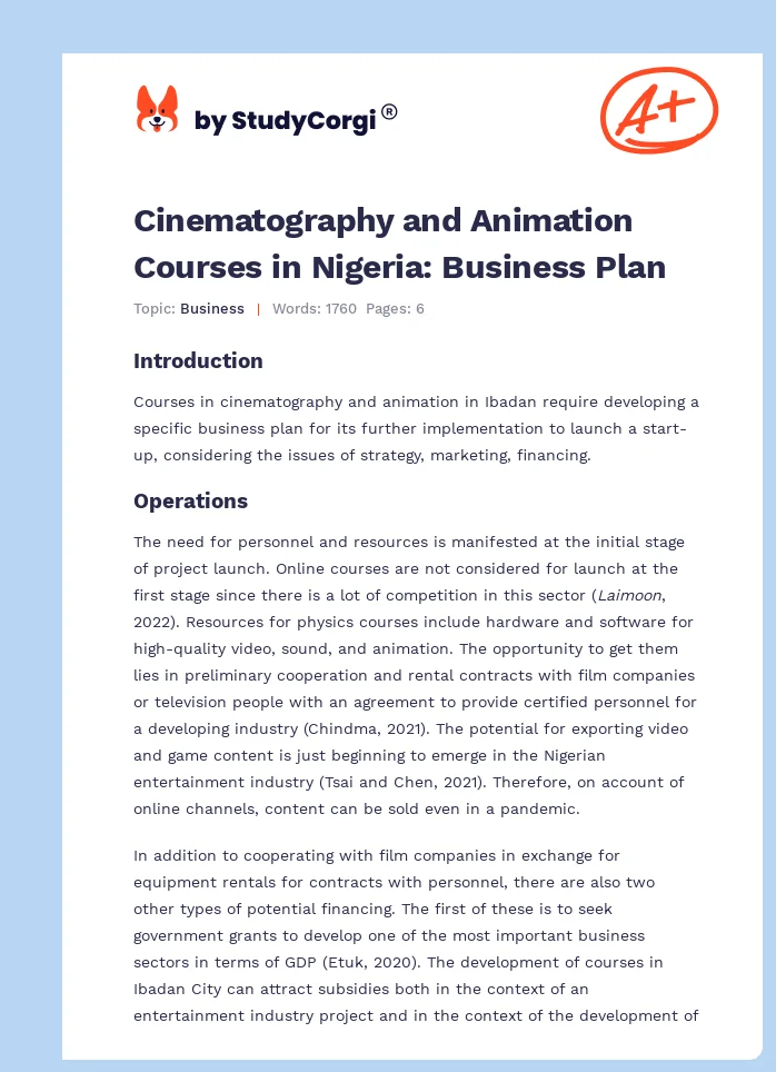 Cinematography and Animation Courses in Nigeria: Business Plan. Page 1