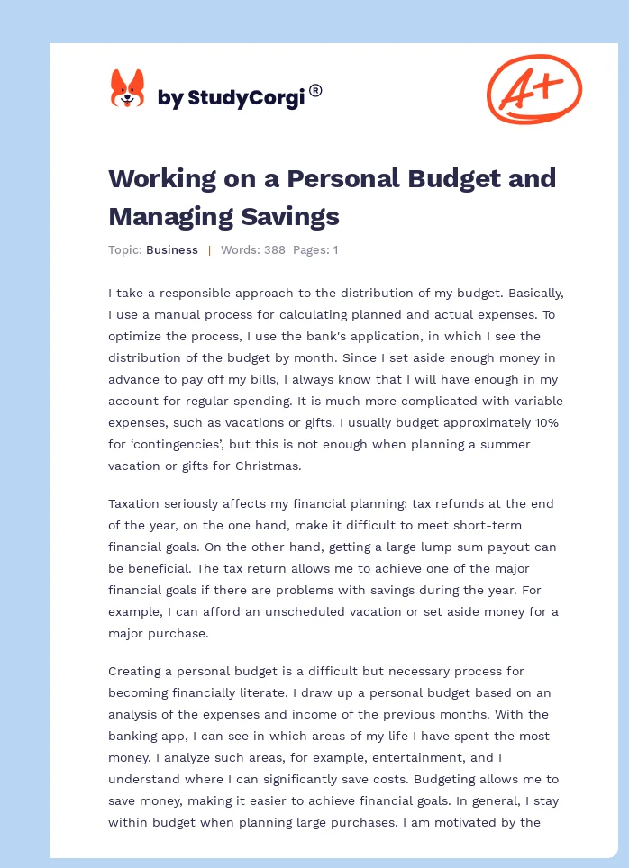 Working on a Personal Budget and Managing Savings. Page 1