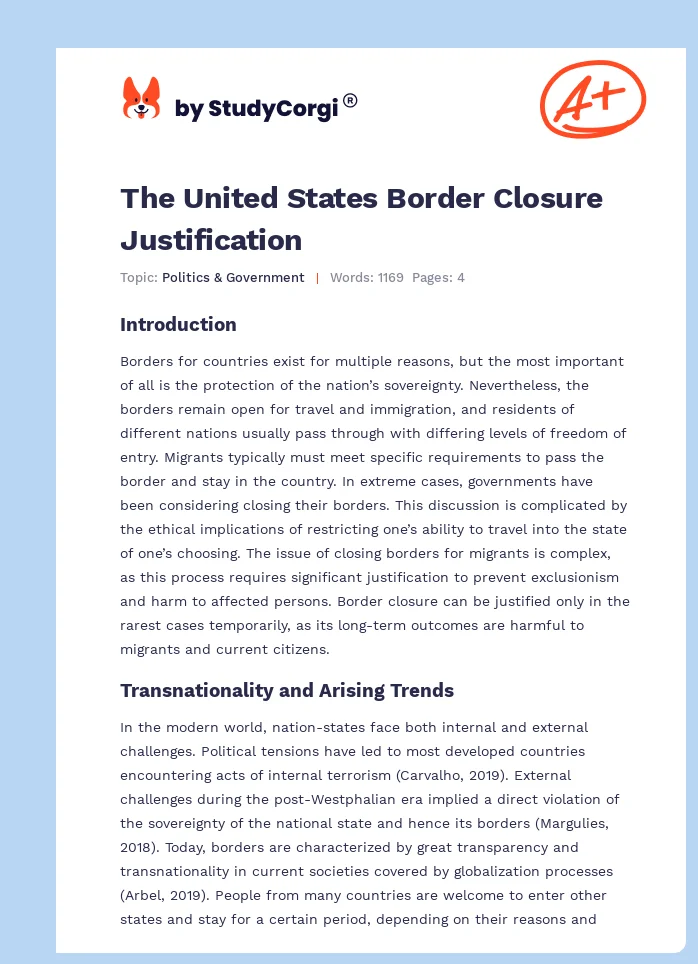 The United States Border Closure Justification. Page 1