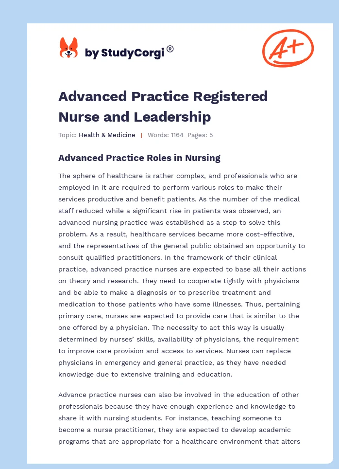 Advanced Practice Registered Nurse and Leadership. Page 1