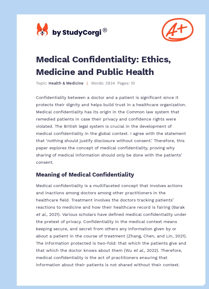 Medical Confidentiality: Ethics, Medicine and Public Health. Page 1
