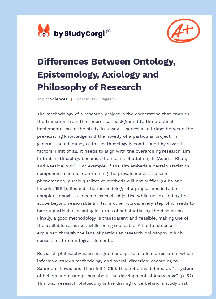 Differences Between Ontology, Epistemology, Axiology and Philosophy of Research. Page 1
