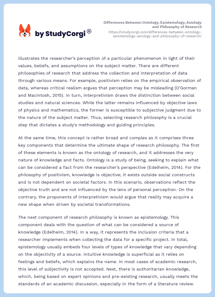 Differences Between Ontology, Epistemology, Axiology and Philosophy of Research. Page 2