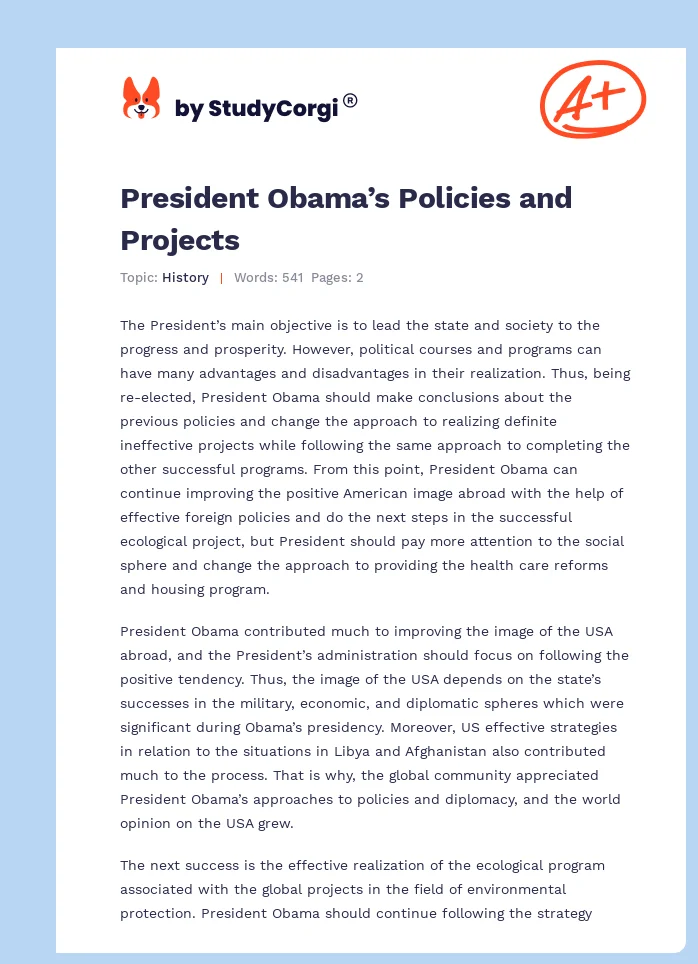 President Obama’s Policies and Projects. Page 1