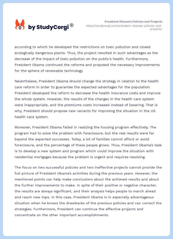 President Obama’s Policies and Projects. Page 2