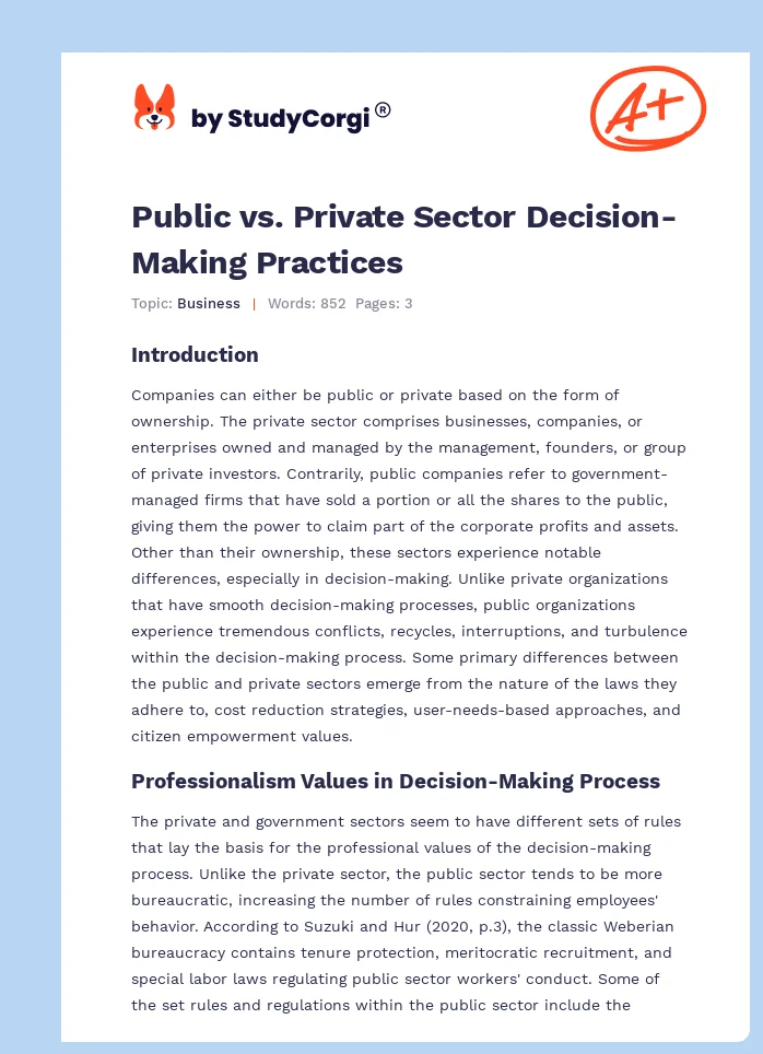Public vs. Private Sector Decision-Making Practices. Page 1