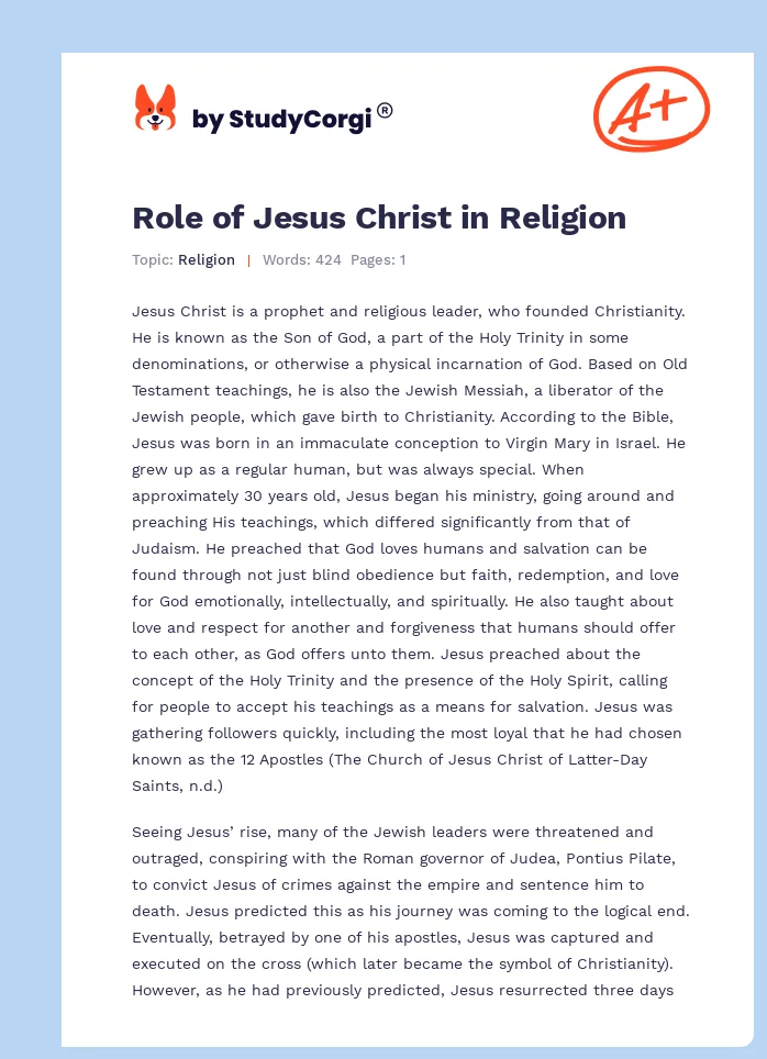 Role of Jesus Christ in Religion. Page 1