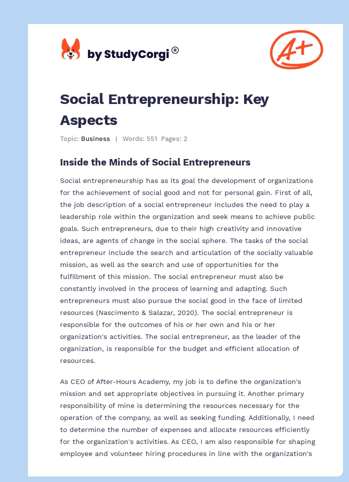 Social Entrepreneurship: Key Aspects. Page 1