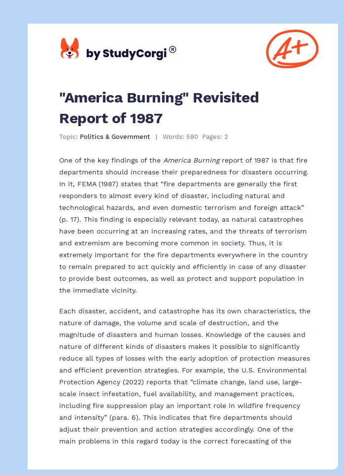 "America Burning" Revisited Report of 1987. Page 1