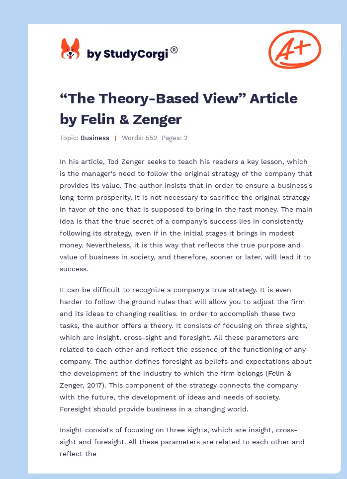 “The Theory-Based View” Article by Felin & Zenger. Page 1