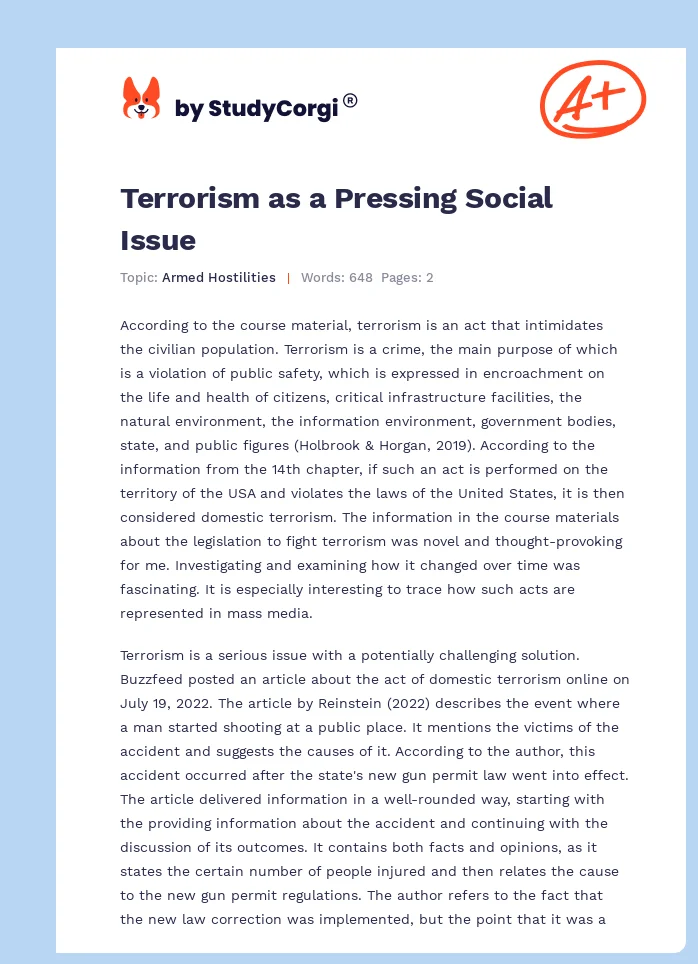 Terrorism as a Pressing Social Issue. Page 1