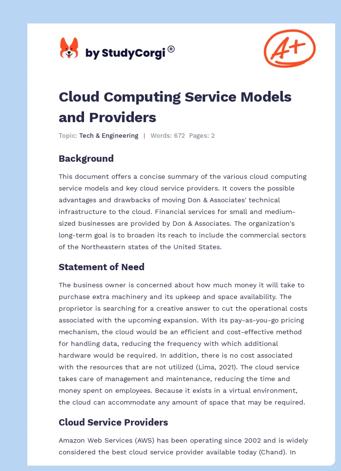 Cloud Computing Service Models and Providers. Page 1