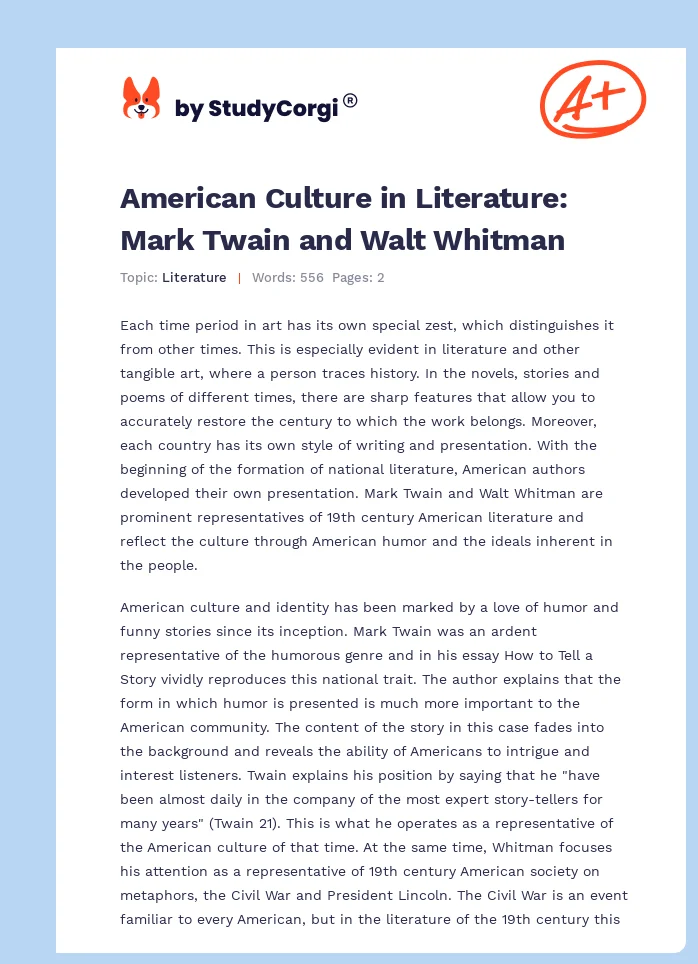 American Culture in Literature: Mark Twain and Walt Whitman. Page 1