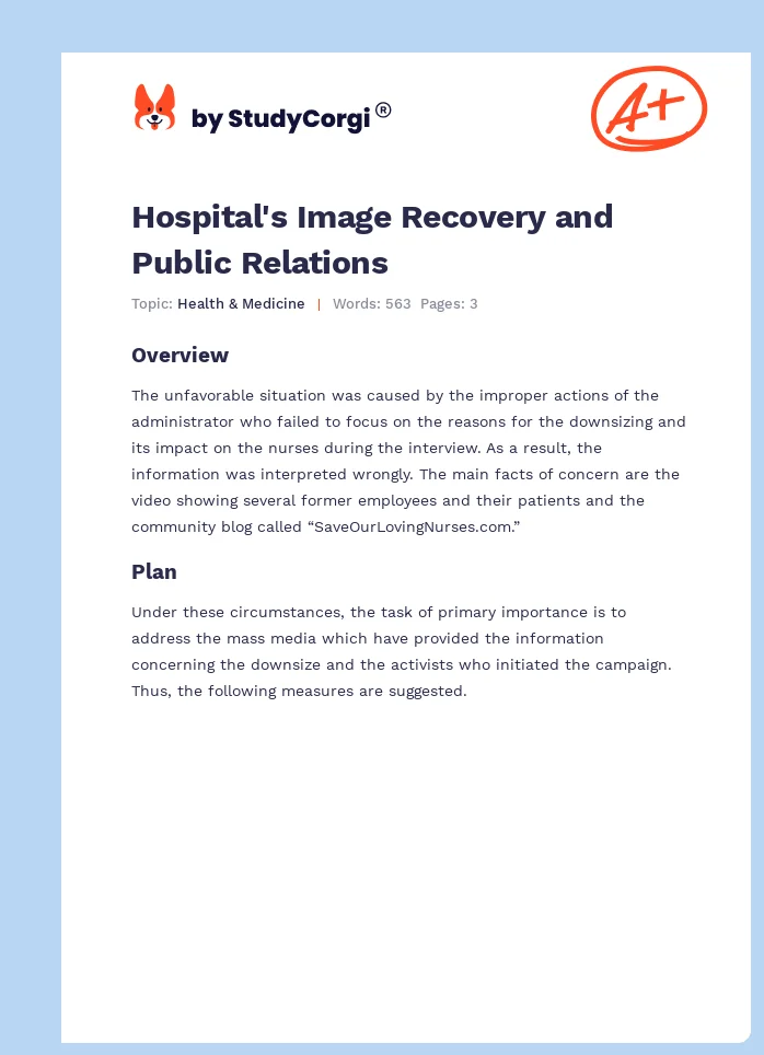 Hospital's Image Recovery and Public Relations. Page 1