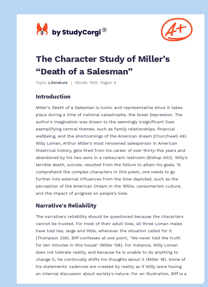 The Character Study of Miller’s “Death of a Salesman”. Page 1