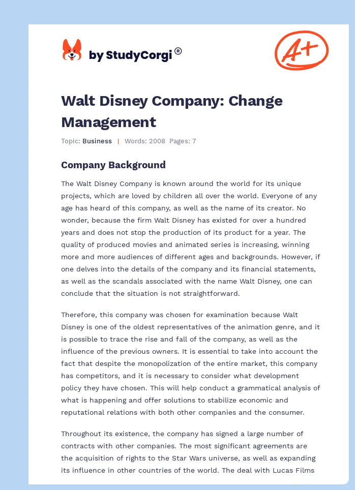 Walt Disney Company: Change Management. Page 1