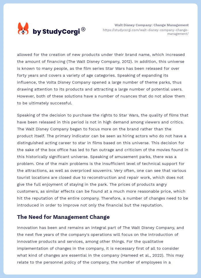 Walt Disney Company: Change Management. Page 2