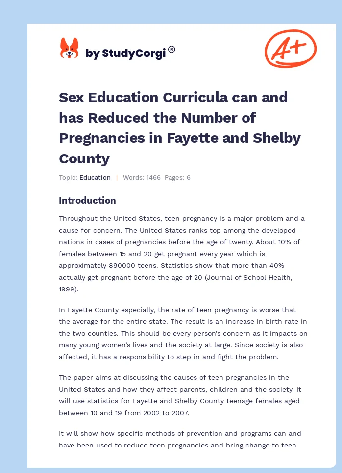 Sex Education Curricula can and has Reduced the Number of Pregnancies in Fayette and Shelby County. Page 1
