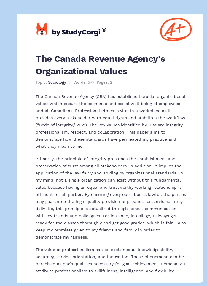 The Canada Revenue Agency's Organizational Values. Page 1