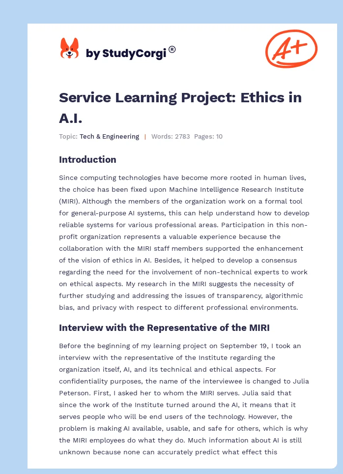 Service Learning Project: Ethics in A.I.. Page 1