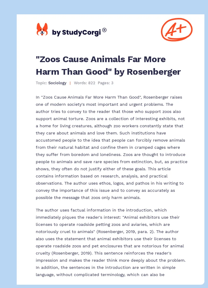 "Zoos Cause Animals Far More Harm Than Good" by Rosenberger. Page 1