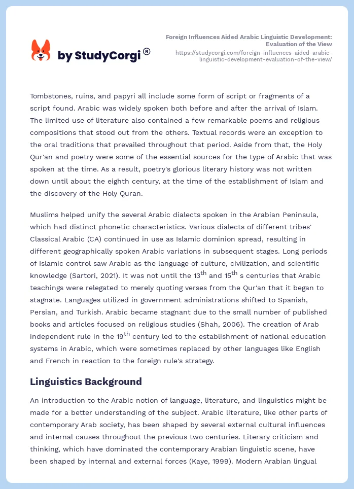 Foreign Influences Aided Arabic Linguistic Development: Evaluation of the View. Page 2