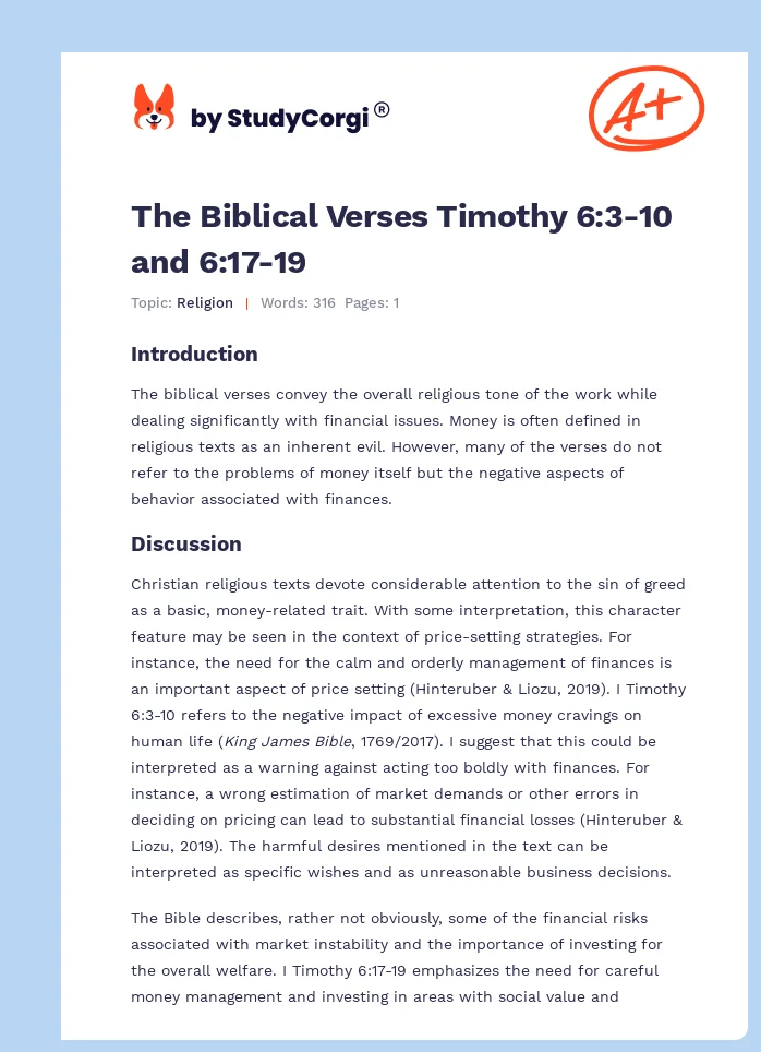 The Biblical Verses Timothy 6:3-10 and 6:17-19. Page 1