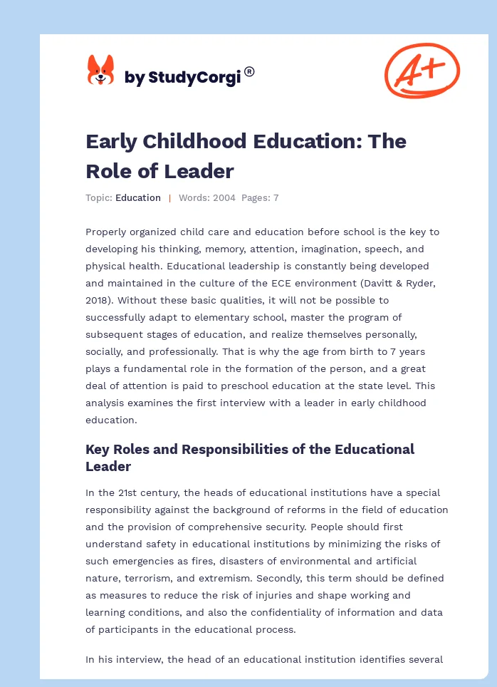 Early Childhood Education: The Role of Leader. Page 1
