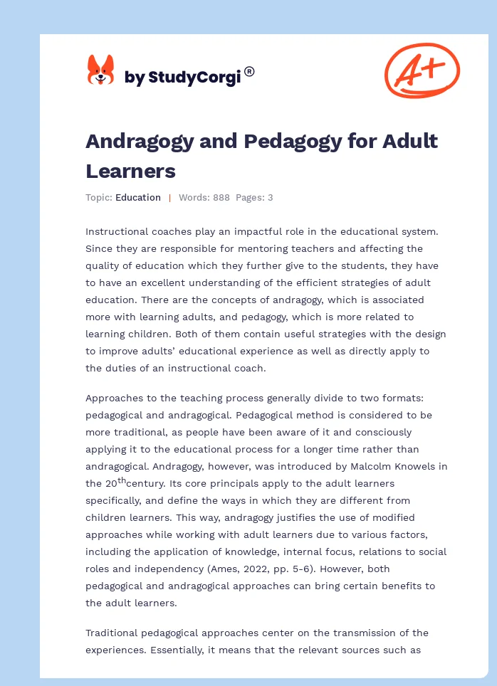 Andragogy and Pedagogy for Adult Learners. Page 1