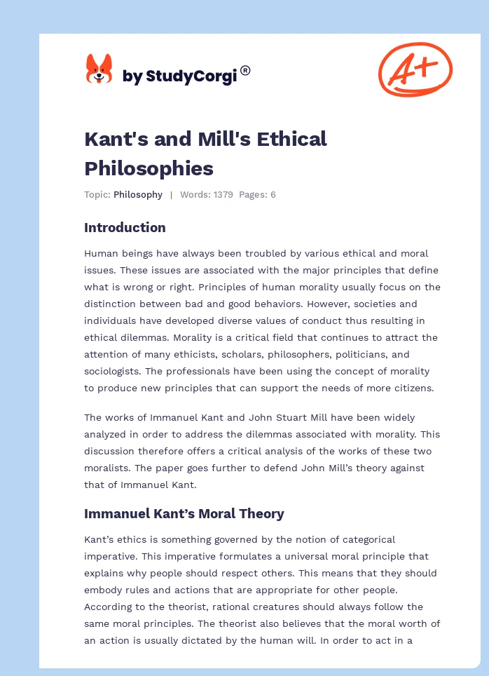 Kant's and Mill's Ethical Philosophies. Page 1