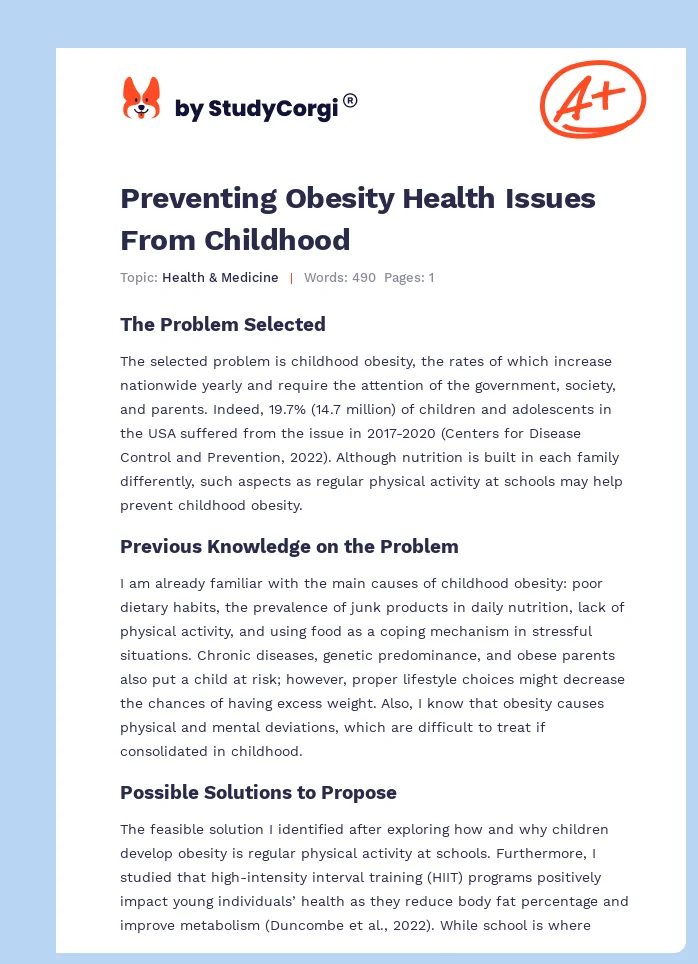 Preventing Obesity Health Issues From Childhood. Page 1