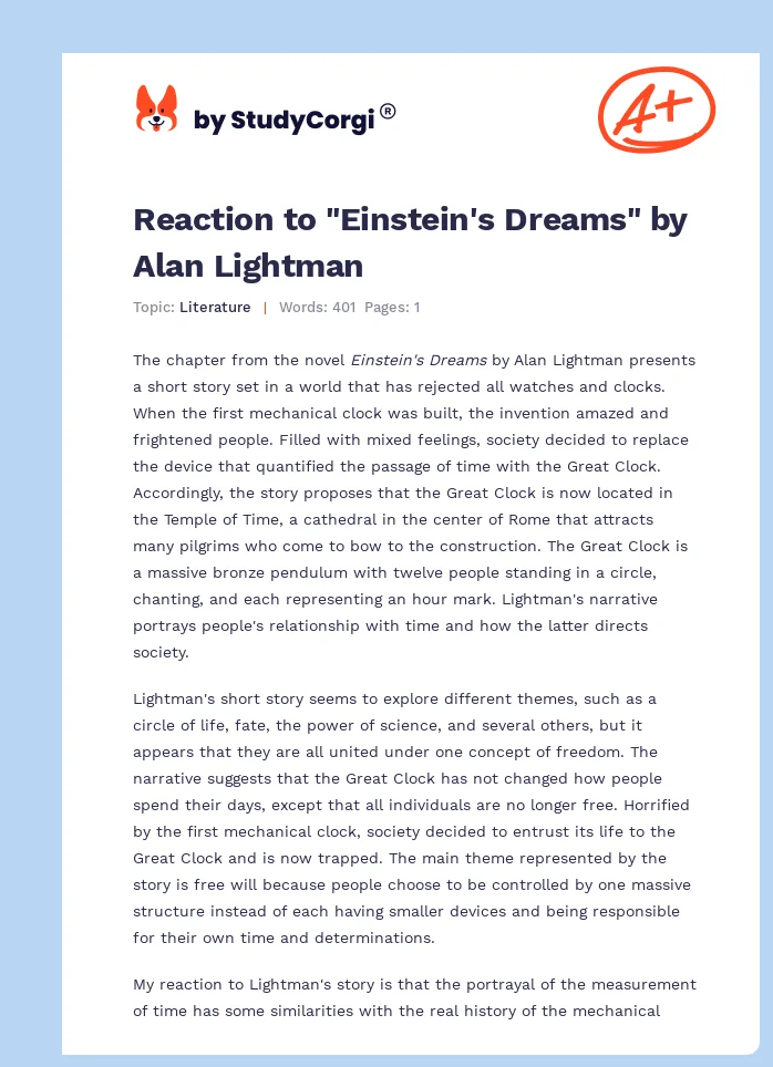 Reaction to "Einstein's Dreams" by Alan Lightman. Page 1