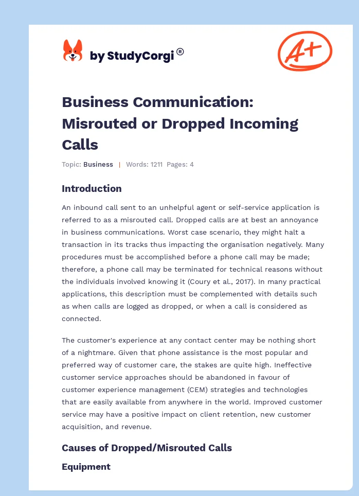 Business Communication: Misrouted or Dropped Incoming Calls. Page 1
