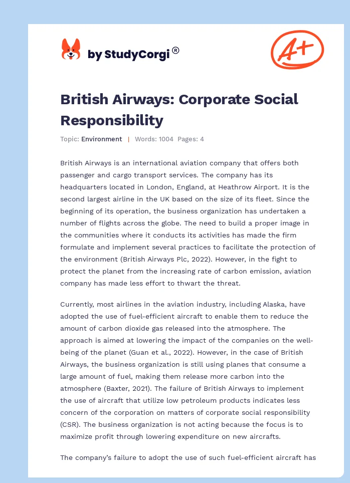 British Airways: Corporate Social Responsibility. Page 1