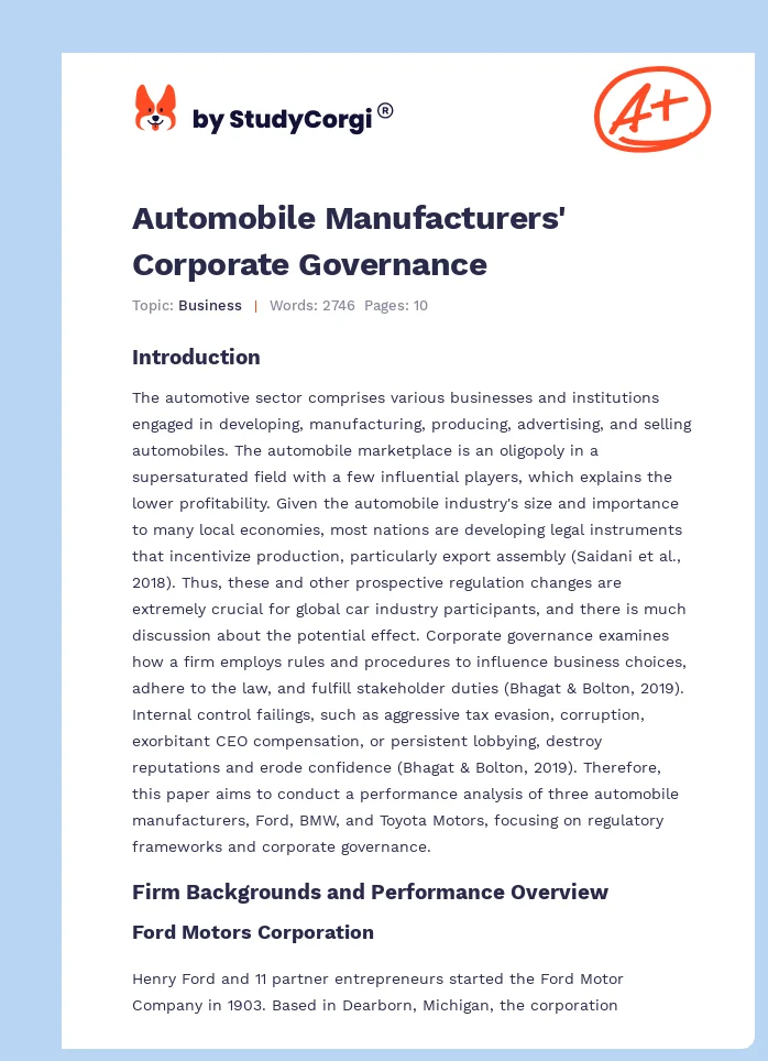 Automobile Manufacturers' Corporate Governance. Page 1