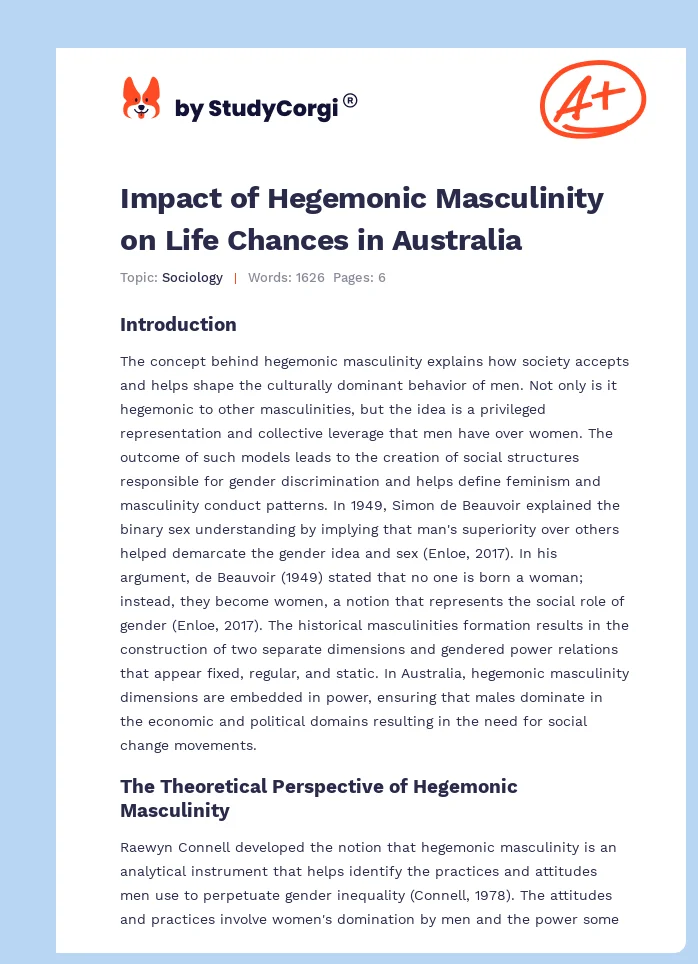 Impact of Hegemonic Masculinity on Life Chances in Australia. Page 1