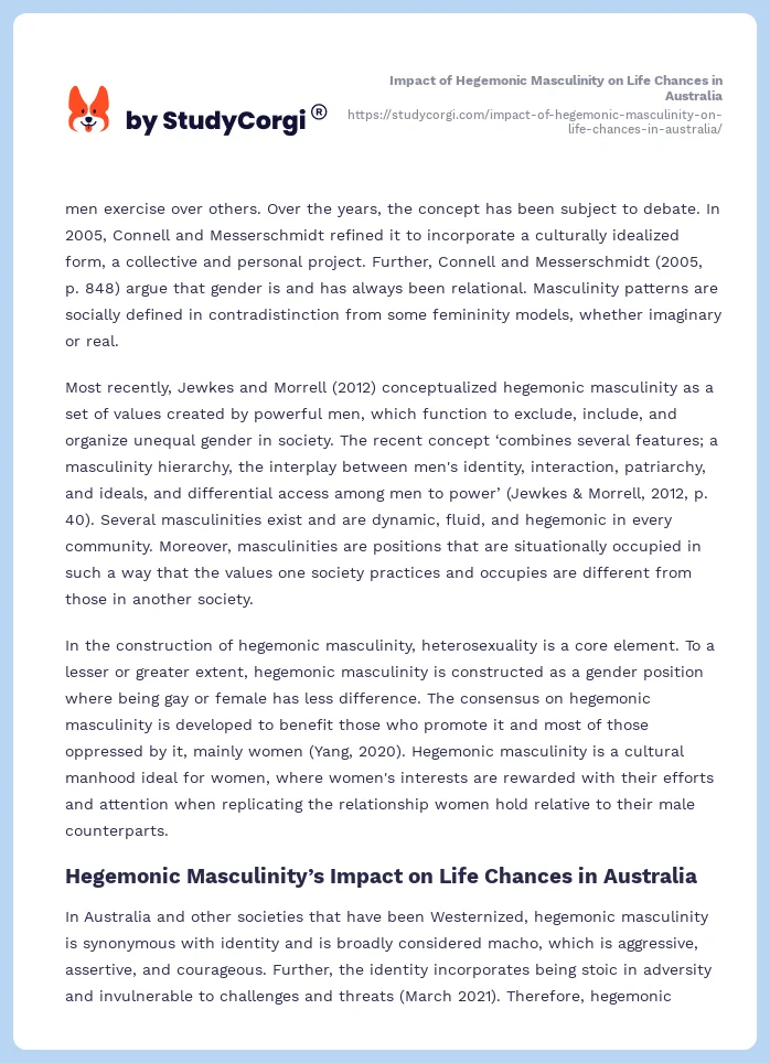 Impact of Hegemonic Masculinity on Life Chances in Australia. Page 2