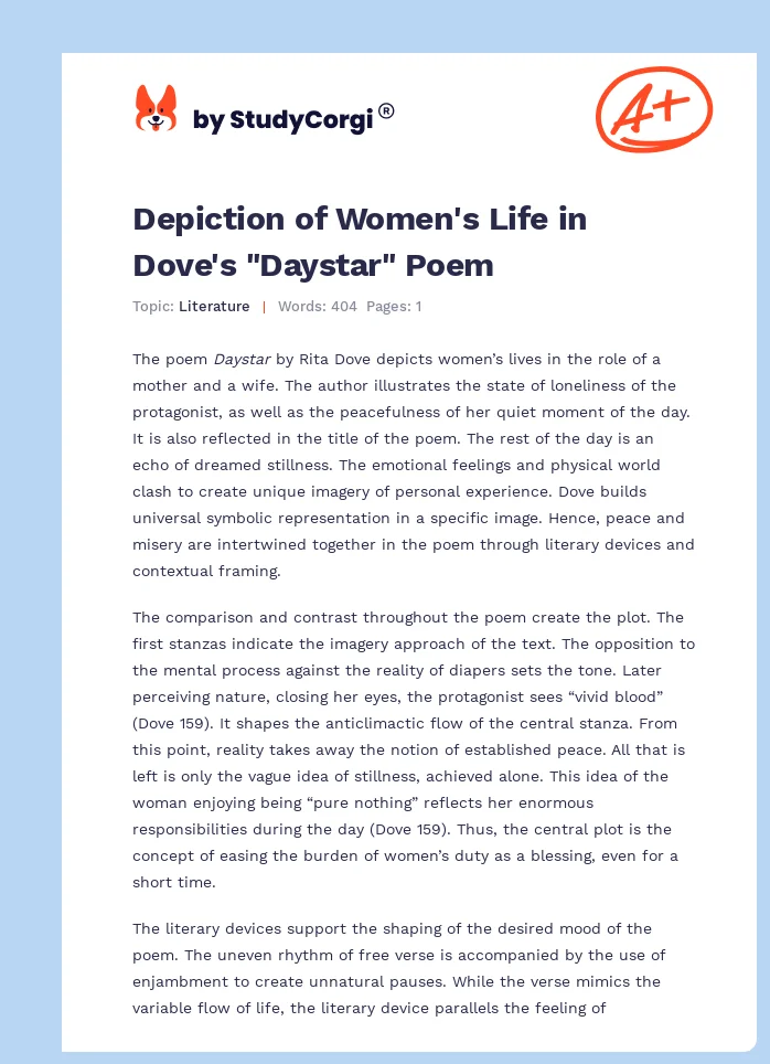 Depiction of Women's Life in Dove's "Daystar" Poem. Page 1