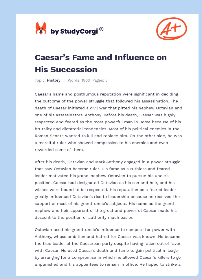 Caesar’s Fame and Influence on His Succession. Page 1