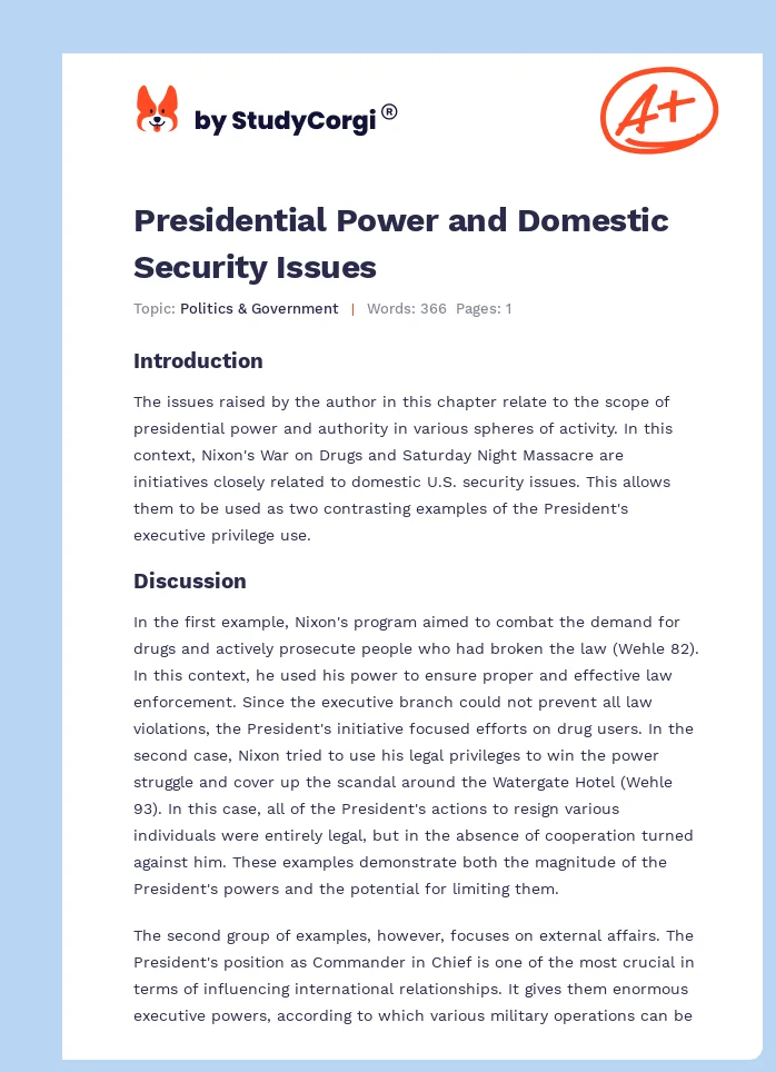 Presidential Power and Domestic Security Issues. Page 1