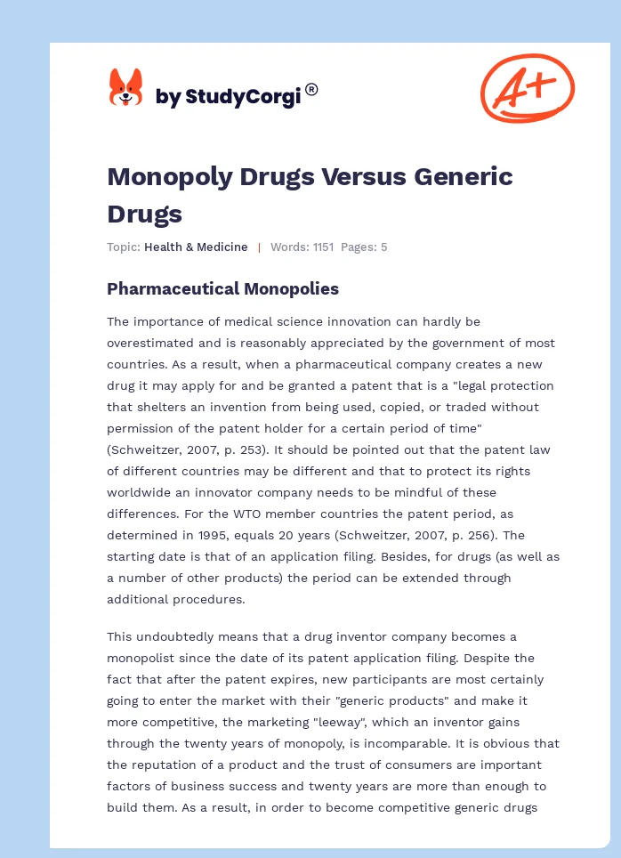 Monopoly Drugs Versus Generic Drugs. Page 1