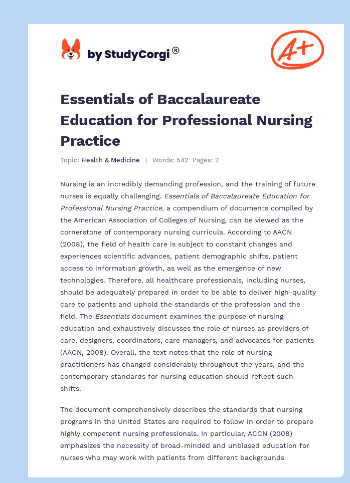 Essentials of Baccalaureate Education for Professional Nursing Practice. Page 1