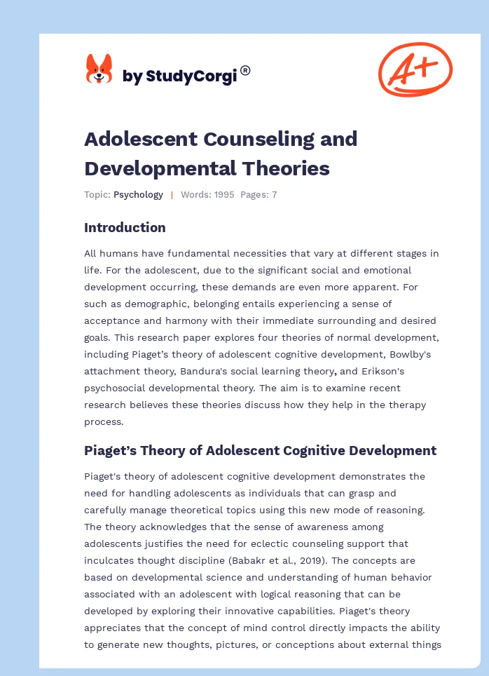 Adolescent Counseling and Developmental Theories. Page 1