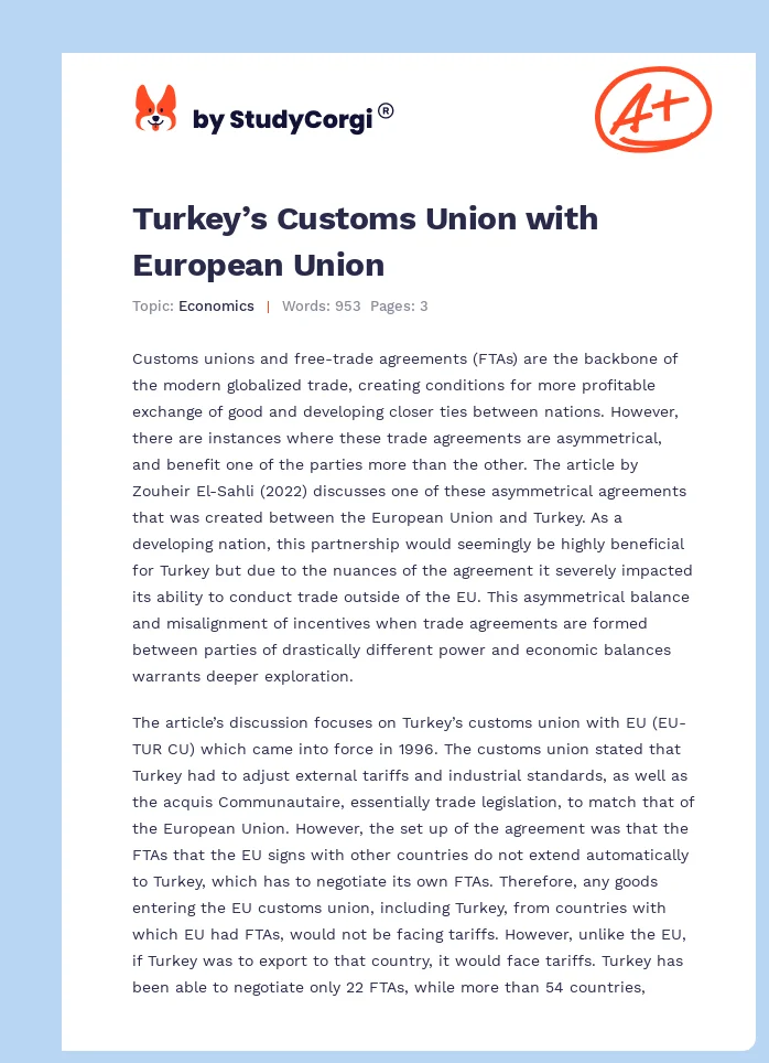 Turkey’s Customs Union with European Union. Page 1