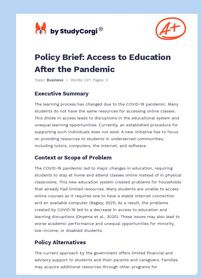 Policy Brief: Access to Education After the Pandemic. Page 1