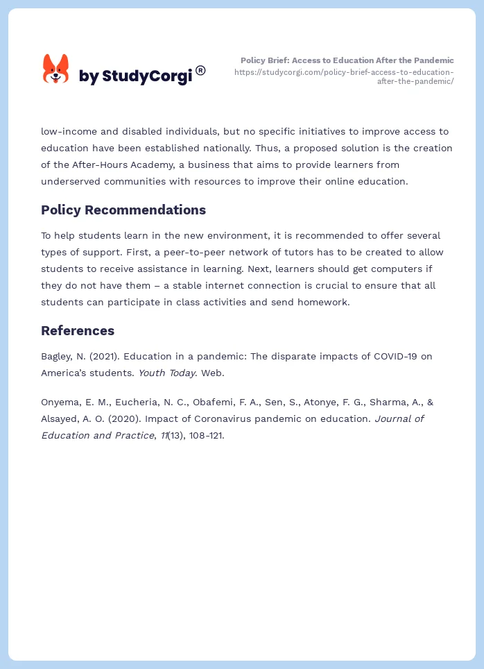 Policy Brief: Access to Education After the Pandemic. Page 2