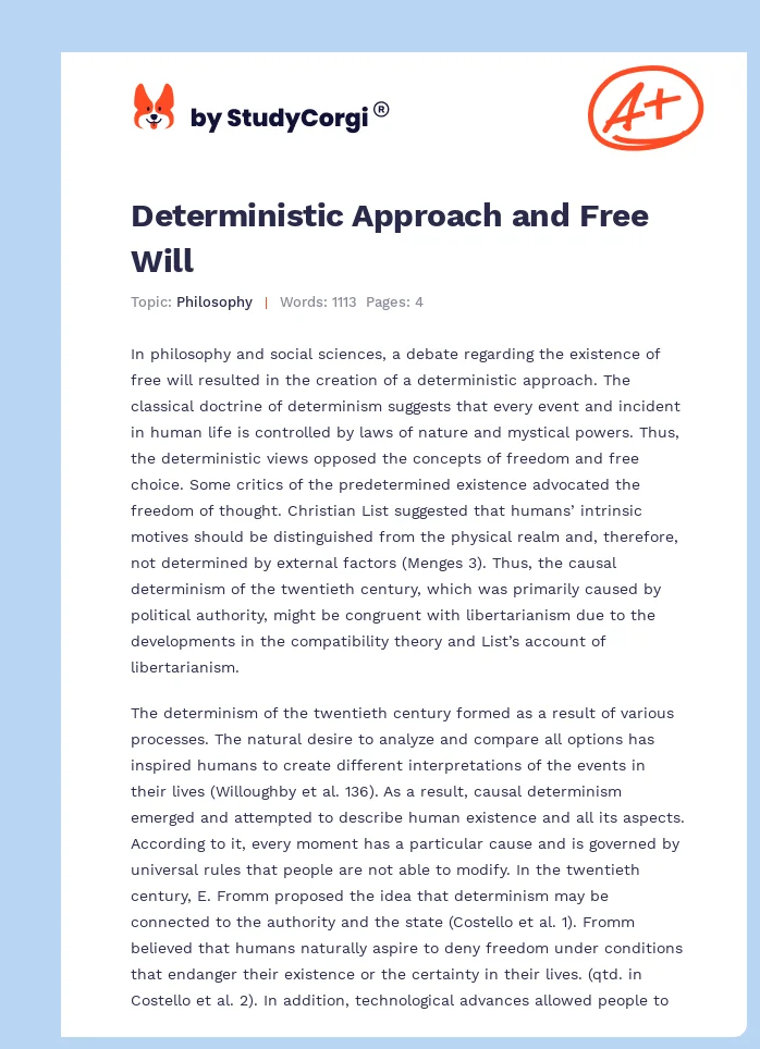 Deterministic Approach and Free Will. Page 1
