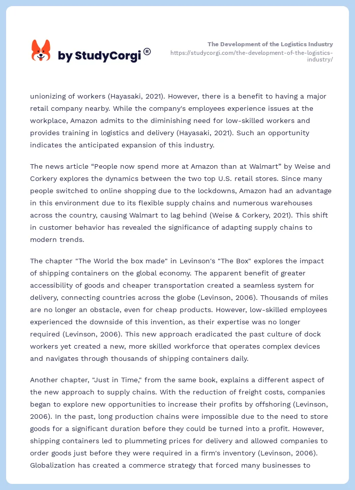 The Development of the Logistics Industry. Page 2