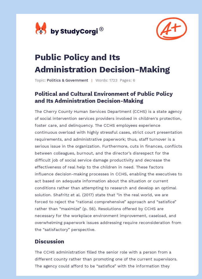 Public Policy and Its Administration Decision-Making. Page 1